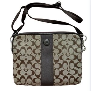 Coach Signature Stripe Tablet iPad Khaki/Mahogany Crossbody Bag Brown / Silver